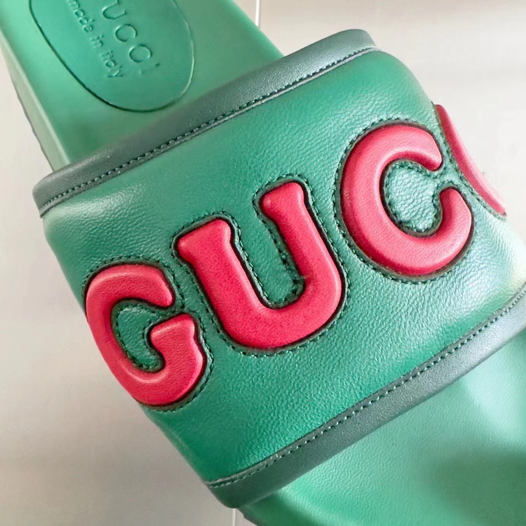 Gucci Unisex GG Slide Sandal Green Red Leather Script Rubber Flat 1 CM Heel