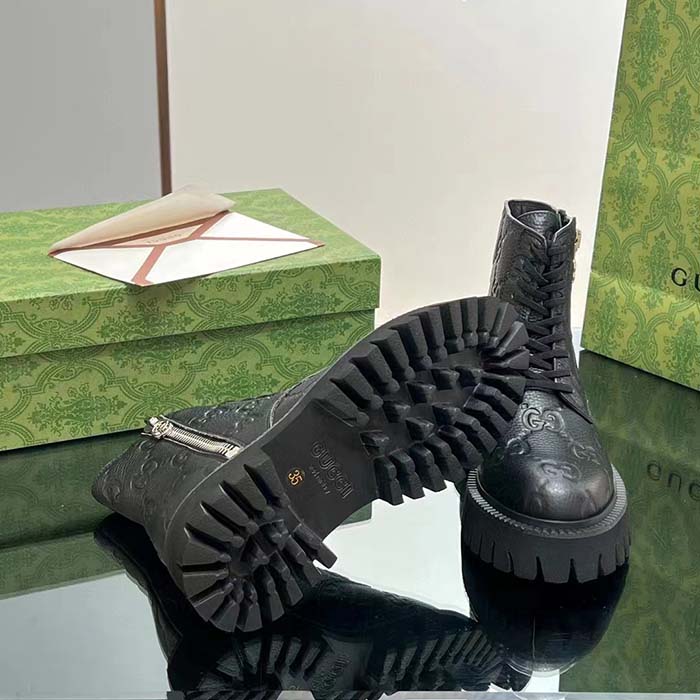Gucci Unisex GG Leather Boots Rubber Lug Sole Lace-Up Interlocking G Flats