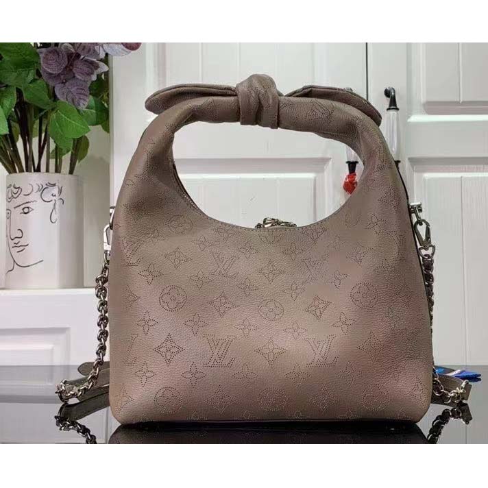 Louis Vuitton LV Unisex Why Knot MM Handbag Galet Beige Perforated Mahina Calf Leather
