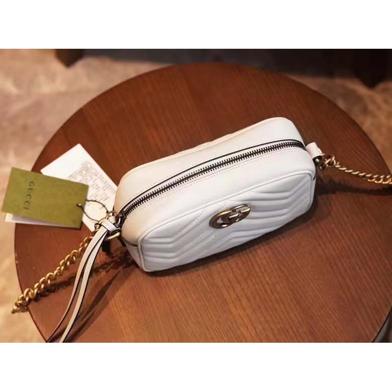 Gucci Women GG Marmont Matelassé Mini Bag White Matelassé Chevron Leather Double G