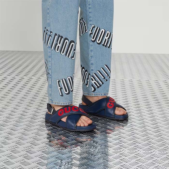 Gucci Unisex GG Gucci Sandal Smooth Blue Red Leather Script Rubber Buckle Flat