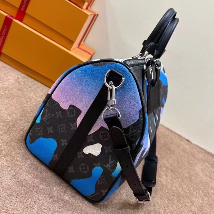 Louis Vuitton LV Unisex Keepall 55B Sunrise Monogram Eclipse Coated Canvas Cowhide Leather