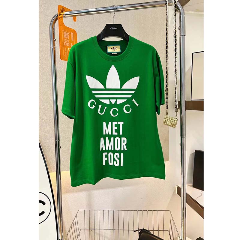Gucci GG Women Adidas x Gucci Cotton Jersey T-Shirt Green Jersey Crewneck Oversize Fit