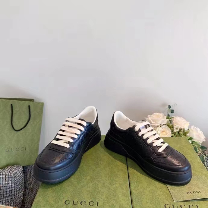 Gucci Unisex Ace GG Embossed Sneaker Black GG Embossed Leather Rubber Sole