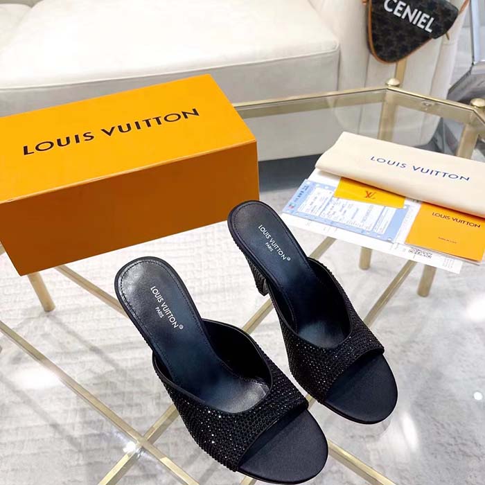 Louis Vuitton LV Women Super Mule Black Strass Leather Outsole 10 CM Heel