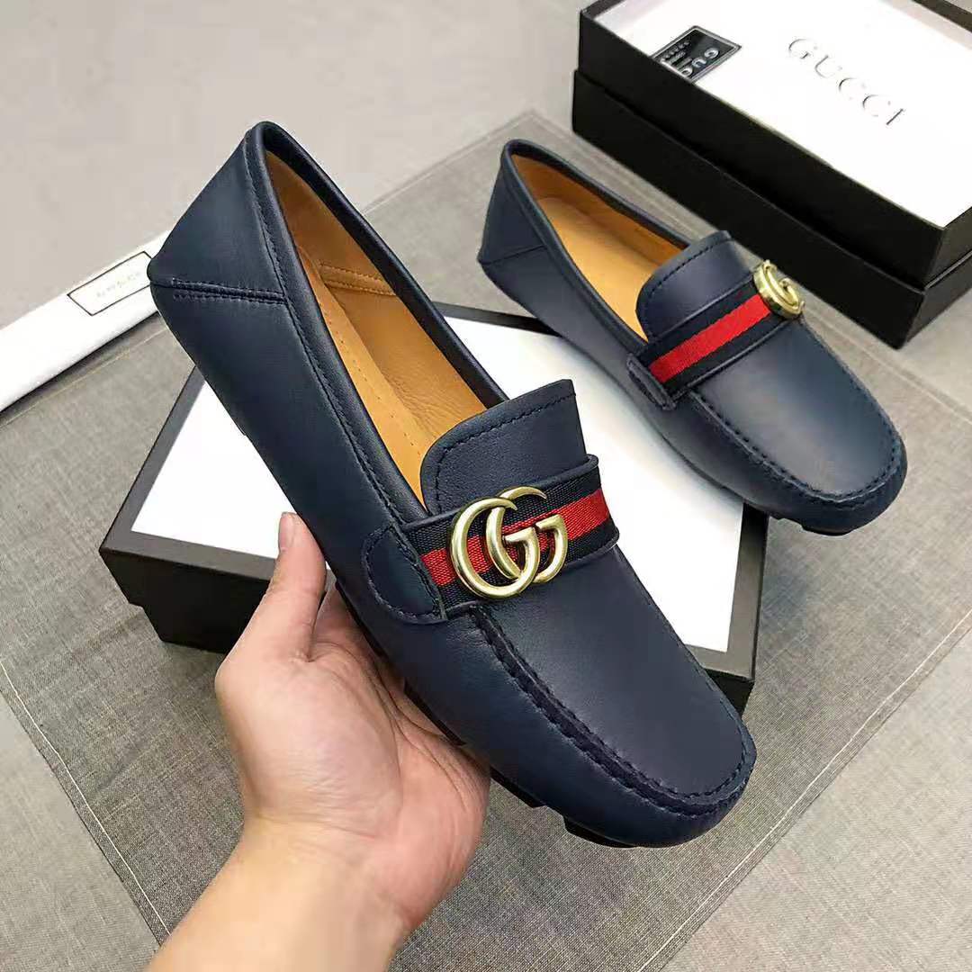 Gucci Men Leather Driver with Web-Navy