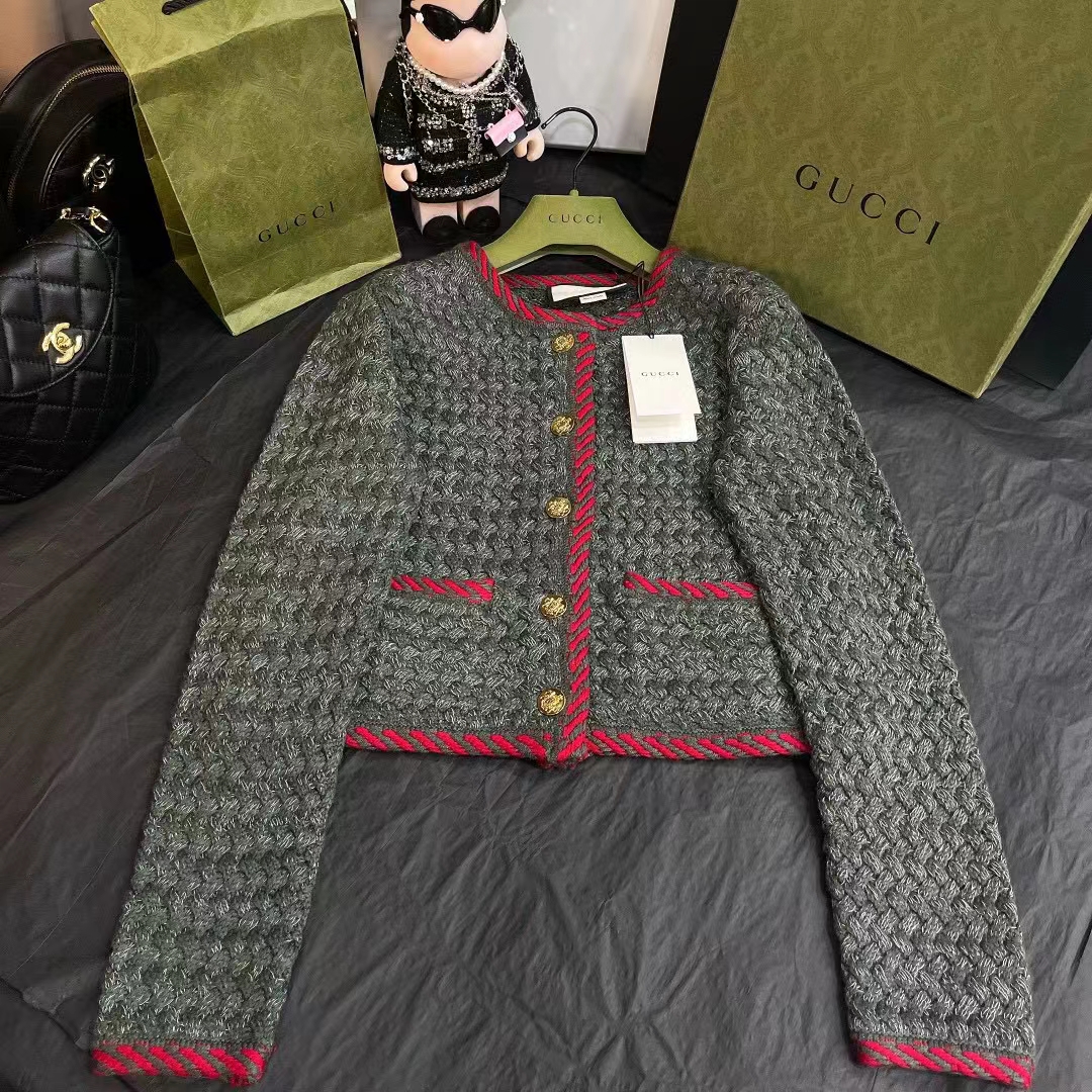 Gucci Women GG Cable Knit Wool Jacket Dark Green Collarless Wool Cotton