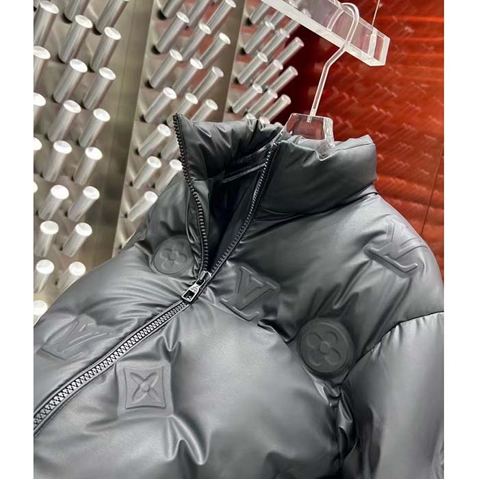 Louis Vuitton Women LV Monogram Leather Hooded Down Jacket Black Lamb Leather Anthracite Regular Fit
