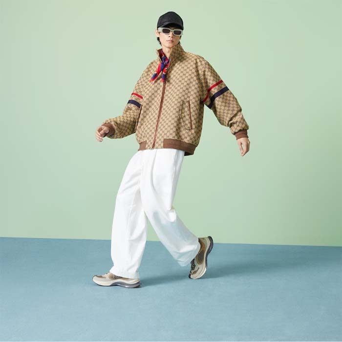 Gucci Men GG Cotton Canvas Zip Jacket Beige Blue Leather Lined Stand Collar Buttons