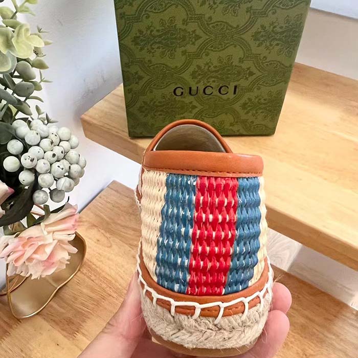 Gucci Unisex GG Interlocking G Espadrilles Natural Raffia Brown Leather Round Toe Flat