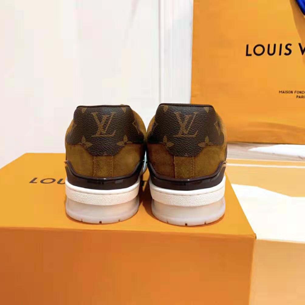 Louis Vuitton LV Unisex LV Trainer Sneaker in Monogram Canvas and Suede Calf Leather-Brown