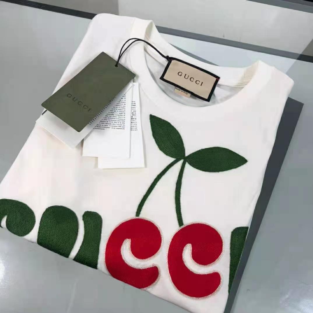 Gucci Women Gucci Cherry Print Cotton T-Shirt Jersey Crewneck Cropped Fit-White