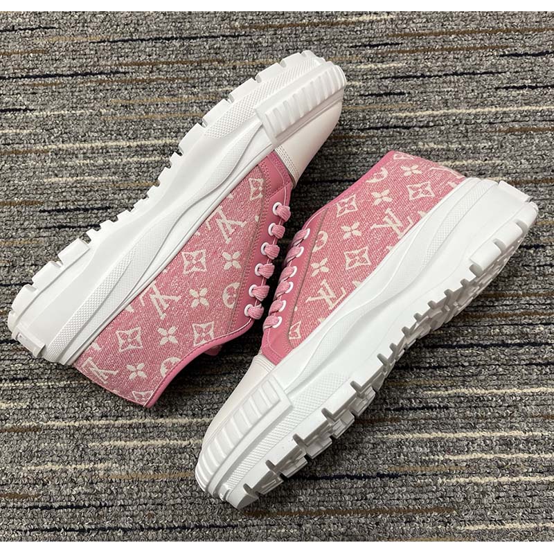 Louis Vuitton Women LV Squad Sneaker Rose Clair Pink Monogram Denim Rubber Circle