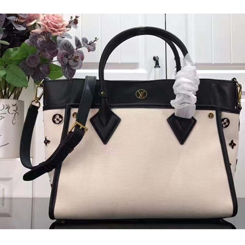 Louis Vuitton Women On My Side MM Tote Bag Black Canvas Smooth Cowhide