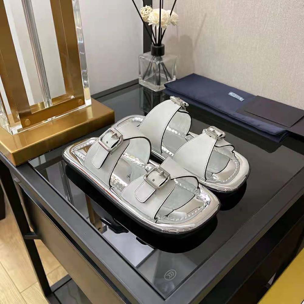 Prada Women Leather Sandals With Metal Buckle on the Upper-Silver