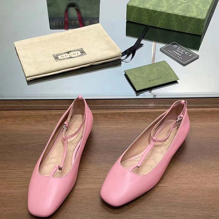 Gucci Women GG Ballet Flat Double G Pink Leather Sole Flat 1 Cm Heel