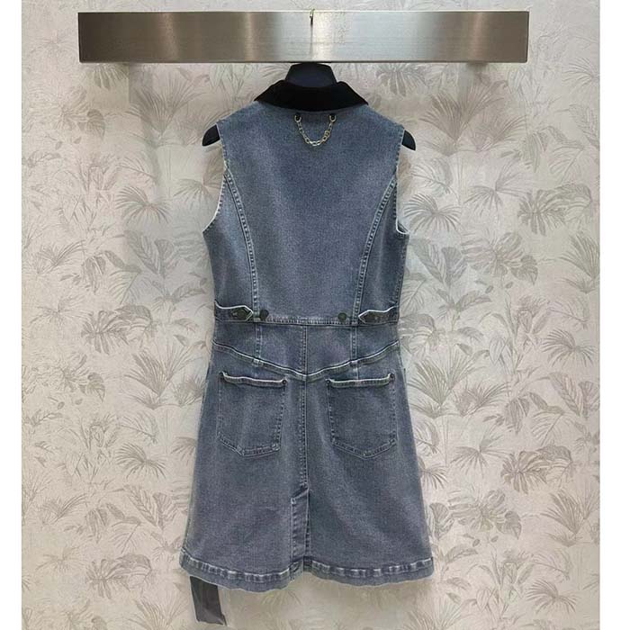 Louis Vuitton Women LV Velvet Accent Denim Dress Cotton Blue Regular Fit 1AFDDN
