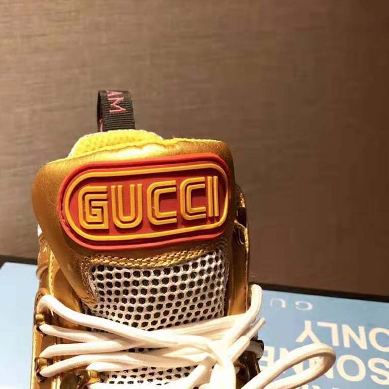 Gucci Unisex Flashtrek Sneaker in Gold Metallic Leather 5.6 cm Heel