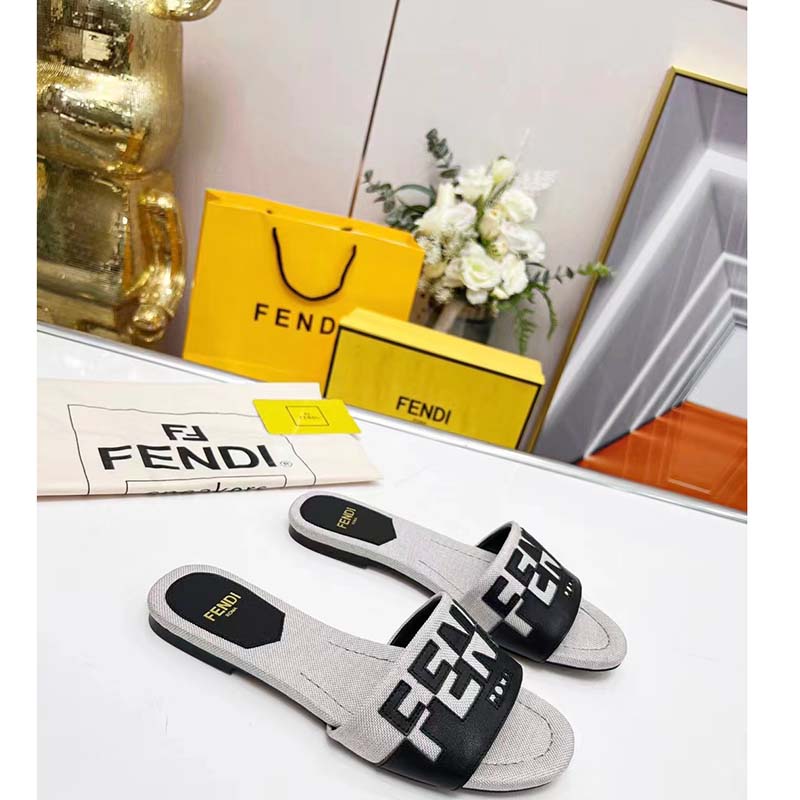 Fendi Women FF Signature Canvas Black Leather Slides 1 Cm Heel
