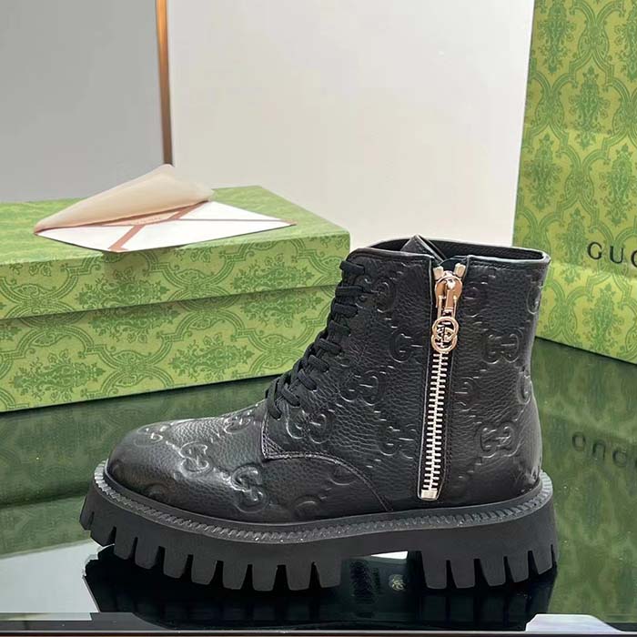 Gucci Unisex GG Leather Boots Rubber Lug Sole Lace-Up Interlocking G Flats