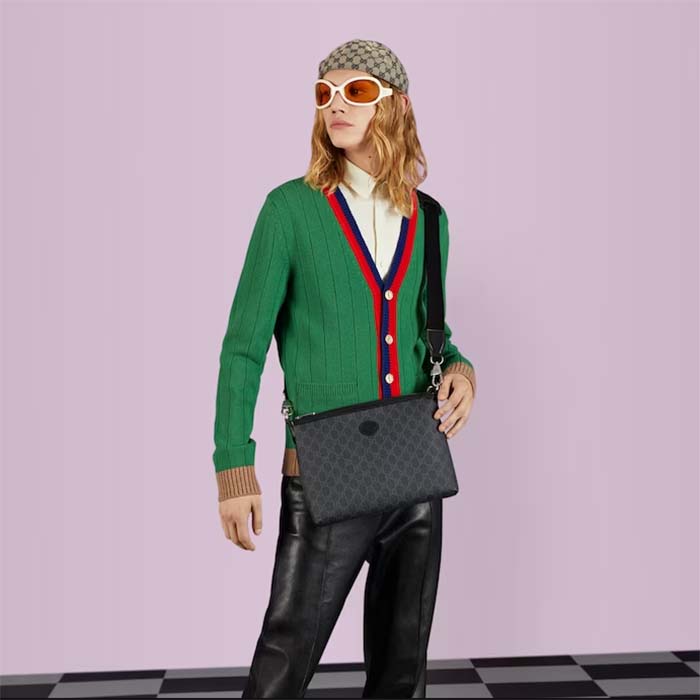 Gucci Unisex Messenger Bag Interlocking G Black GG Supreme Canvas Leather Zip Closure