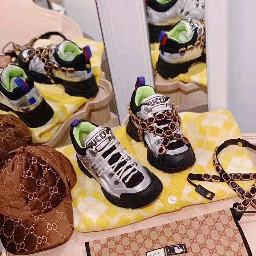 Gucci Women Flashtrek Sneaker with Removable Crystals 5.6cm Height-Silver