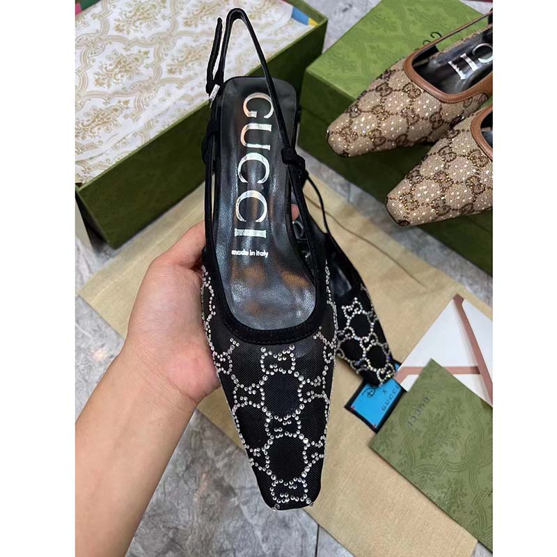 Gucci Women GG Slingback Pump Black Mesh GG Crystals Low 4 cm Heel