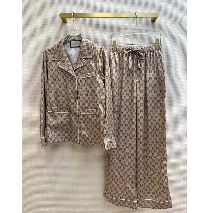 Gucci Women GG Supreme Silk Pant Beige Ebony Piped Unlined Elastic Waist Two Side Pockets Wide Leg