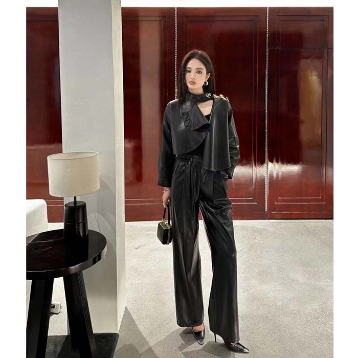 Louis Vuitton LV Women Faux Leather Circle Top PU Polyester Elastane Black Regular Fit