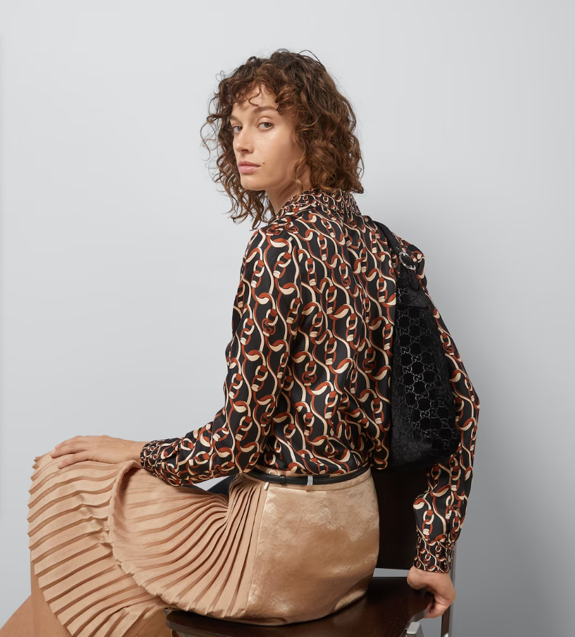 Gucci GG Women Interlocking G Chain Print Silk Shirt Point Collar Long Sleeves