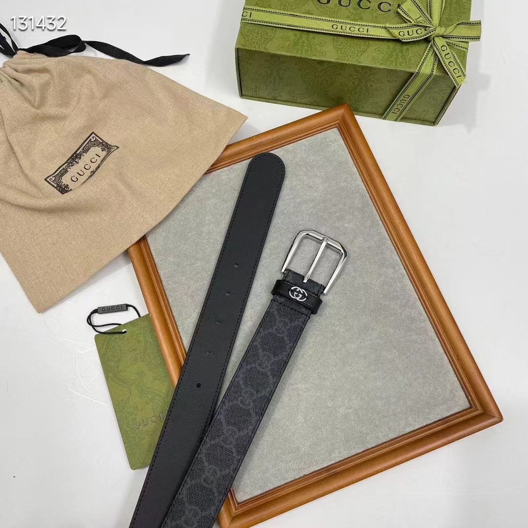 Gucci GG Unisex Belt Interlockig G Black GG Supreme Canvas Leather Square Buckle