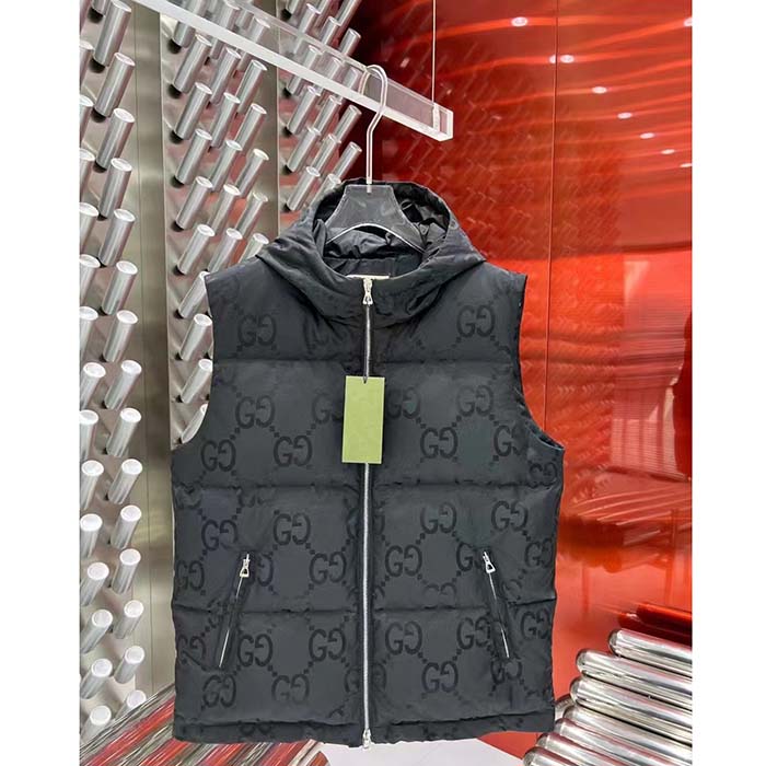 Gucci Women Jumbo GG Canvas Vest Padding Front Pockets Zip Closure Hood Zip Pocket
