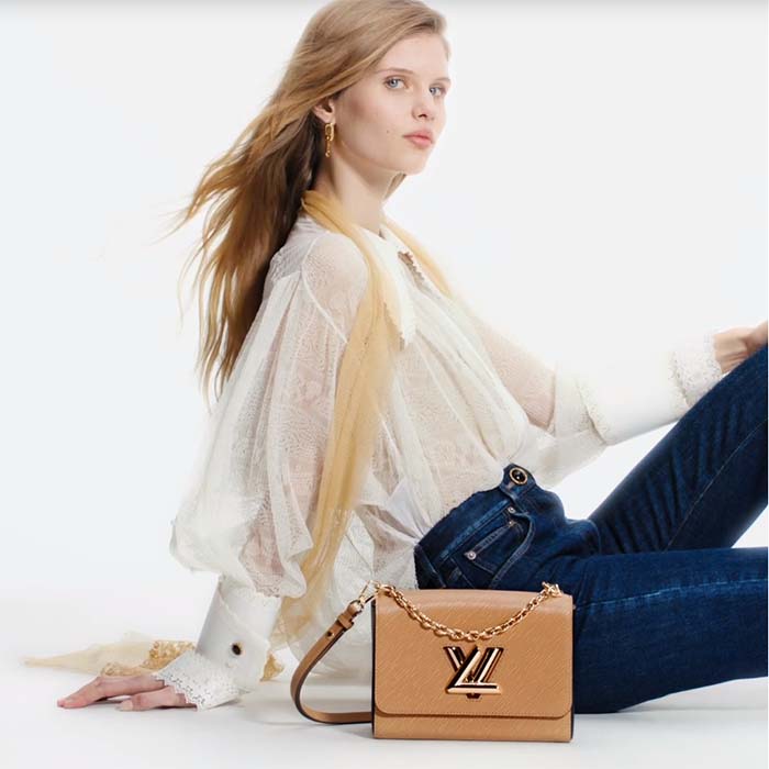 Louis Vuitton LV Women Twist MM Handbag Camel Light Brown Epi Leather