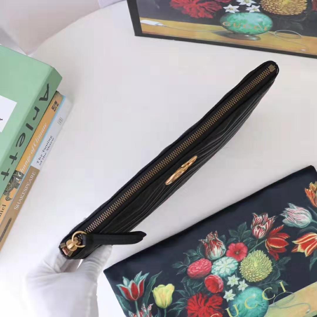 Gucci GG Women GG Marmont Leather Pouch in Black Matelassé Chevron Leather with Heart