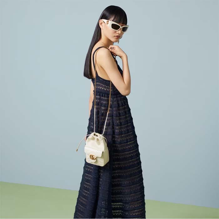 Gucci Women GG Marmont Mini Bucket Bag White Matelassé Chevron Leather Double G