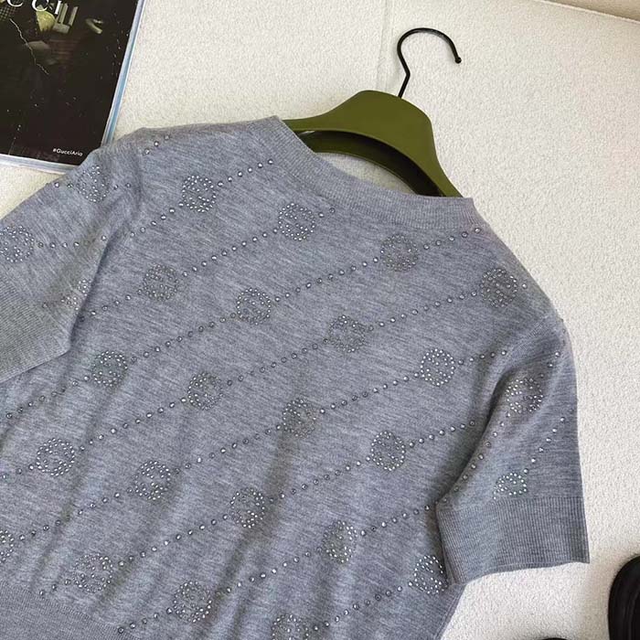 Gucci Women GG Cashmere Crewneck Interlocking G Grey Diagonal Stripe Crystals