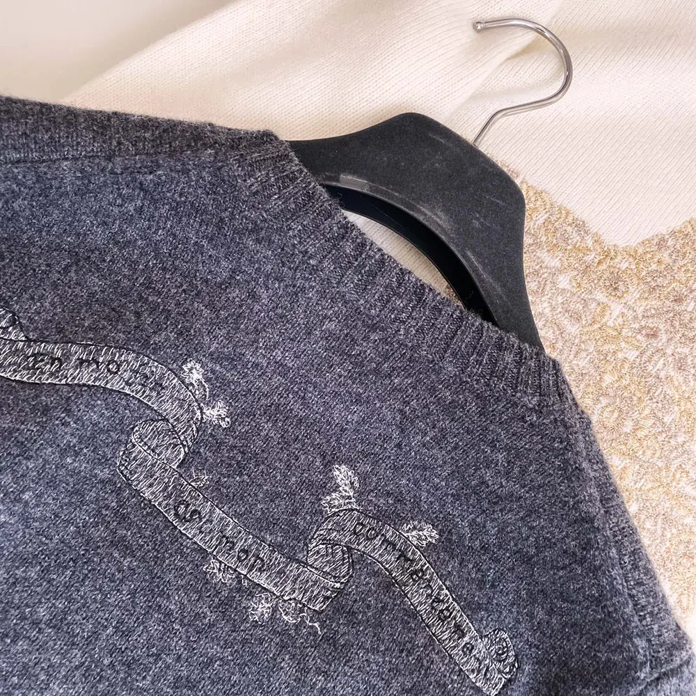 Dior Women Embroidered Sweater Gray Cashmere Knit 514S57A002