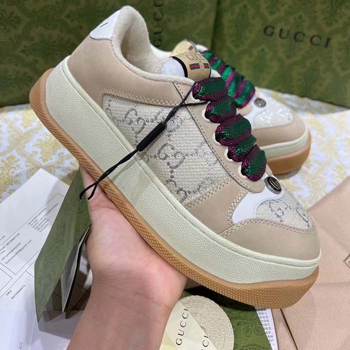 Gucci Unisex Screener Sneaker White GG Lamé Canvas Chunky Laces 4.8 CM Heel