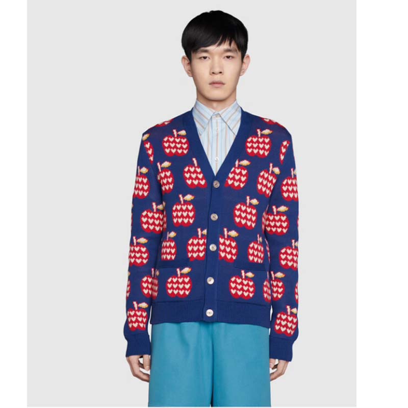 Gucci Men GG Les Pommes Cotton Cardigan Dark Blue Red Apple Knit Cotton Jacquard