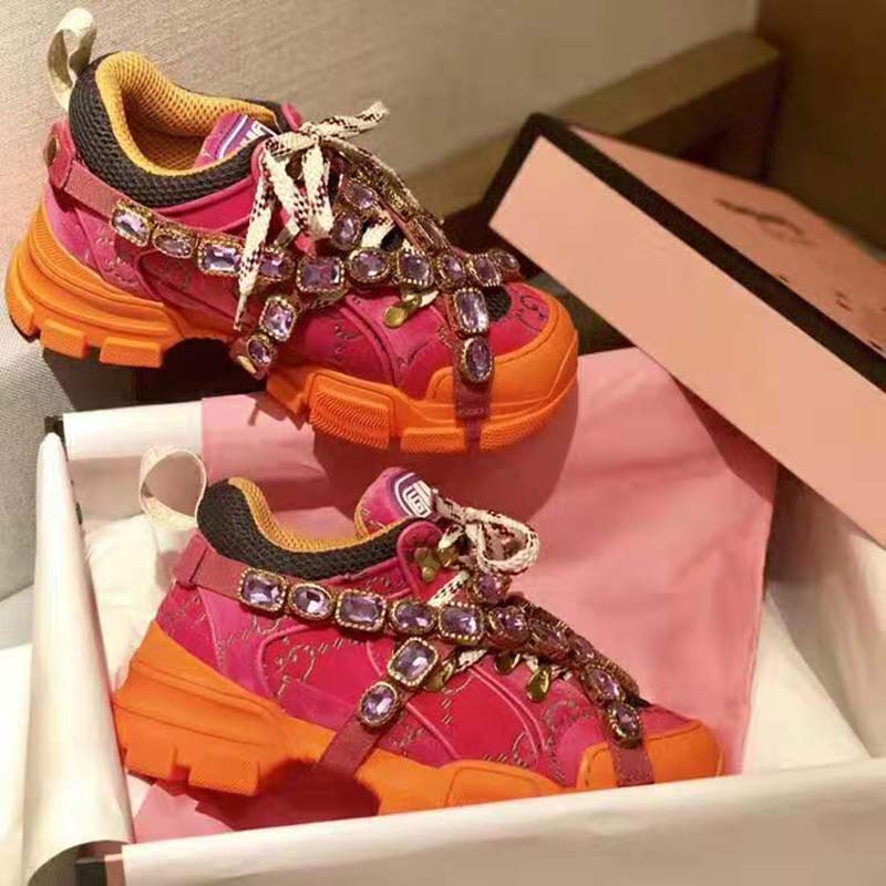 Gucci Unisex Flashtrek Sneaker with Crystals in GG Velvet with Leather 5.6 cm Heel-Pink