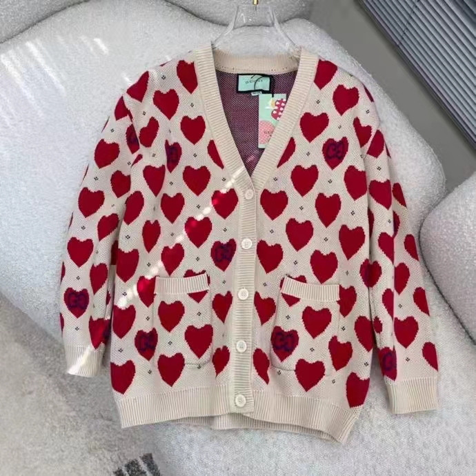 Gucci Women’s Les Pommes Cotton Heart Sweater White Hearts Knit Cotton Jacquard V-Neck