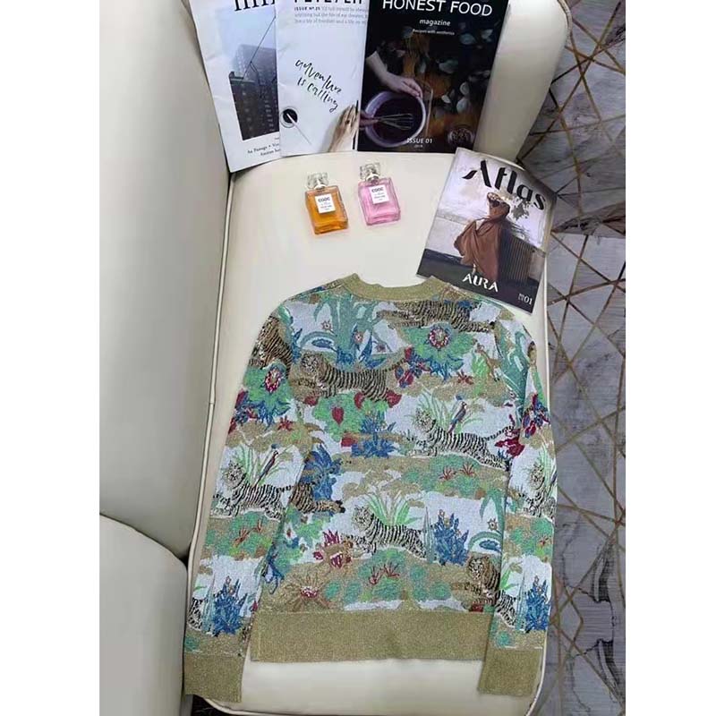 Gucci Women GG Tiger Jacquard Cardigan Gold Green Tiger Flower Extra Fine Lurex Crewneck