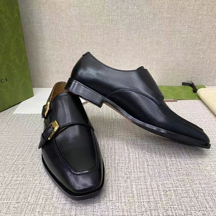 Gucci Men Monk Strap Loafer Smooth Black Leather Buckle Sole Flat 2 Cm Heel
