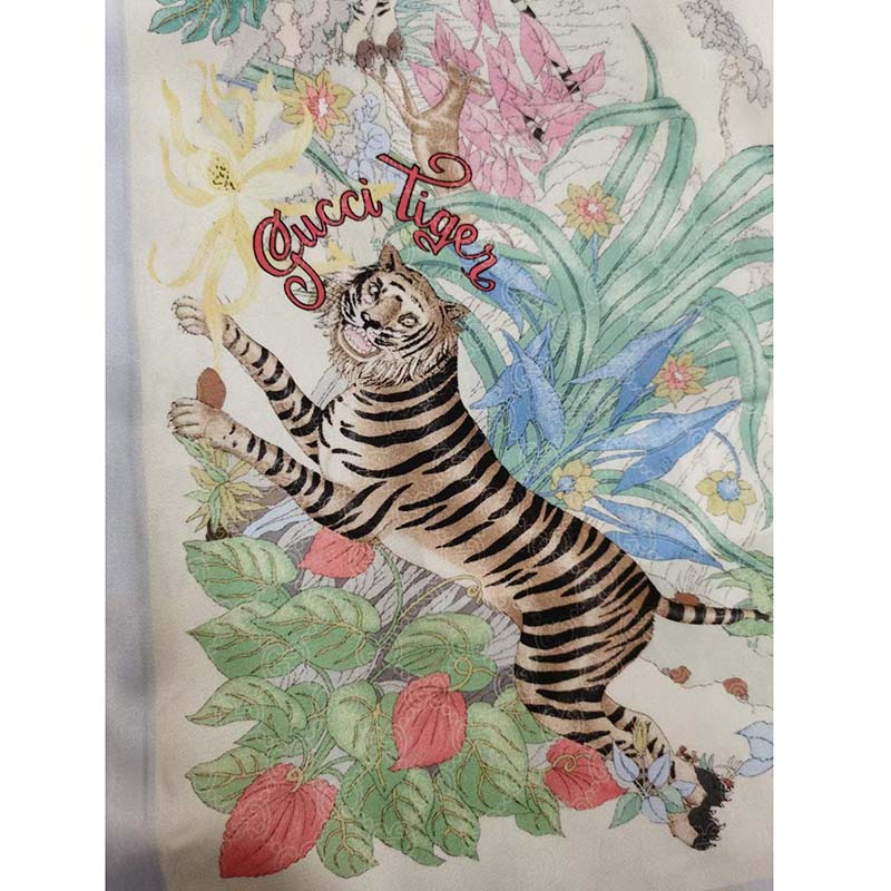 Gucci GG Men Tiger Bowling Shirt Flower Print Ivory Silk Crepe Loose Fit