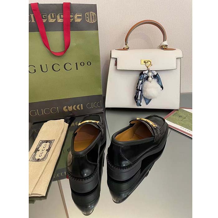 Gucci Unisex GG Loafer Interlocking G Shiny Black Leather Studs Rubber Low Heel