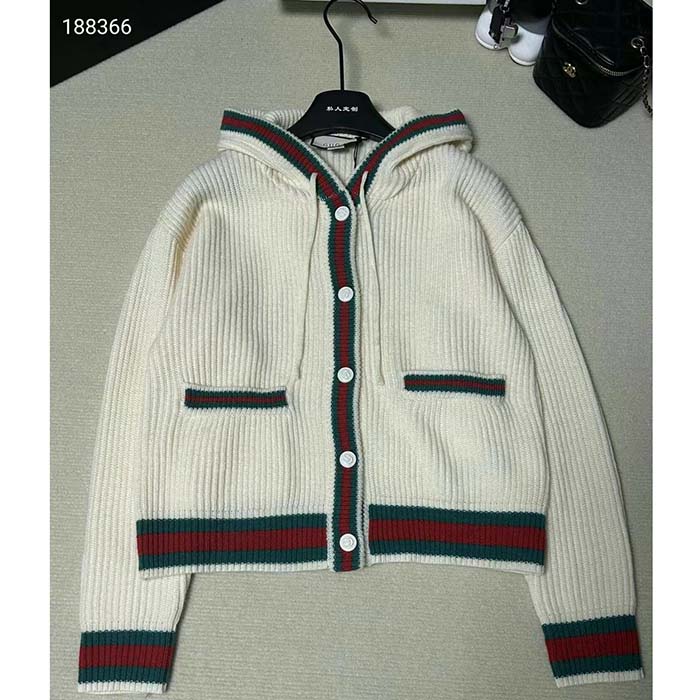 Gucci Women Rib Stitch Wool Cardigan Web Fixed Hood Drawstring Dropped Shoulder Long Sleeves