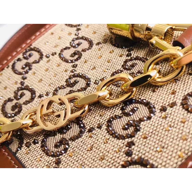 Gucci Women Jackie 1961 Mini GG Shoulder Bag Camel Ebony GG Canvas Crystals