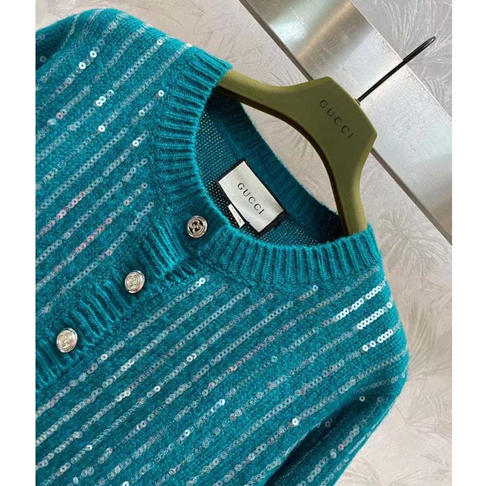 Gucci Women GG Mohair Silk Cardigan Teal Blend Sequin Embroidery Crewneck Long Sleeves