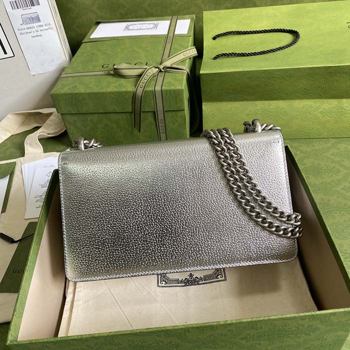 Gucci Women Dionysus Small Shoulder Bag Silver Lamé Leather Tiger Head