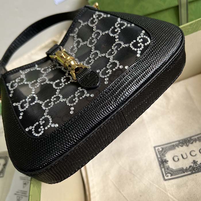 Gucci Women GG Jackie 1961 Mini Crystal GG Lizard Bag Black Mesh